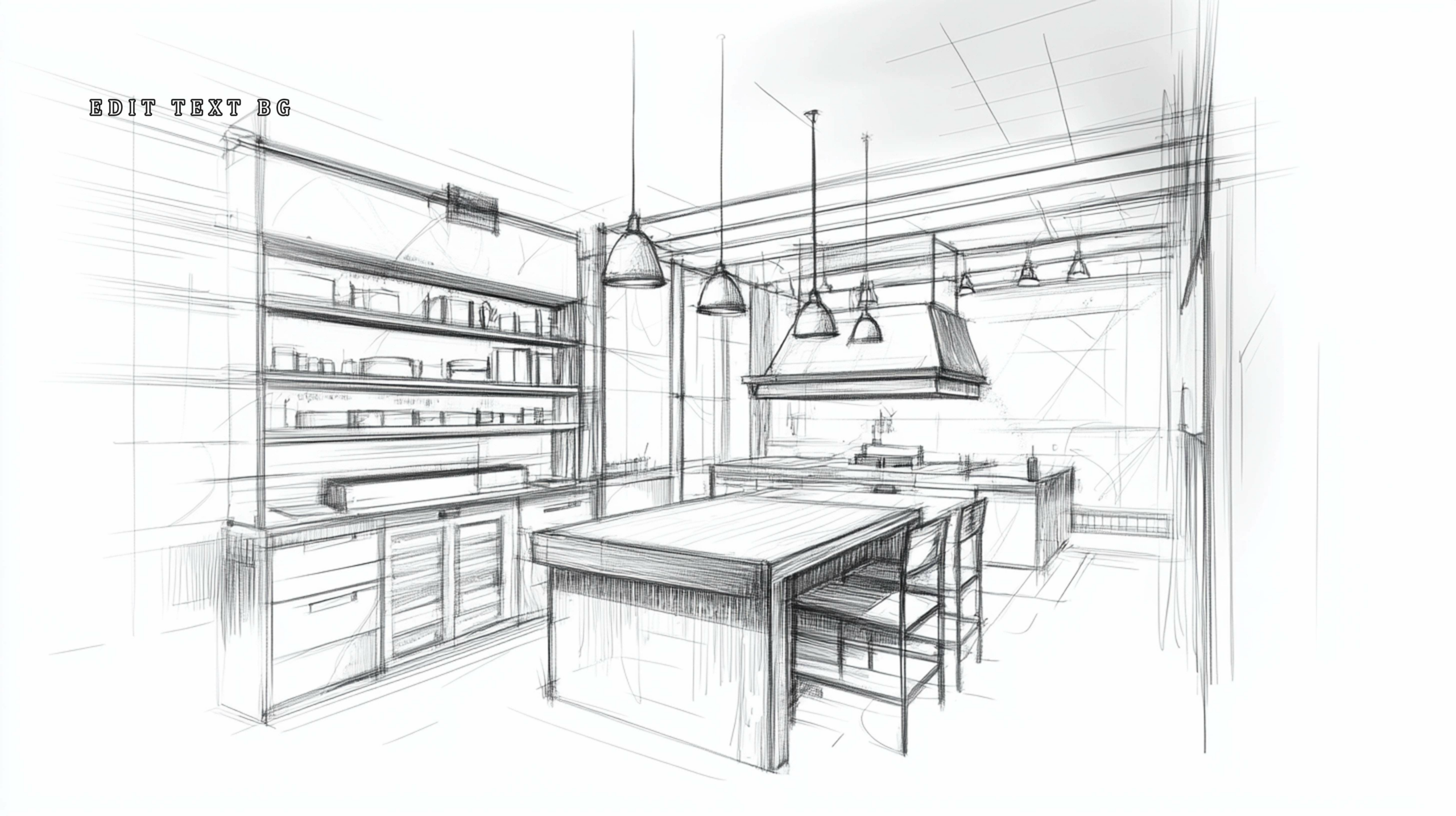 Cuisine sur mesure en bois – esquisse d’aménagement intérieur Croquis d’une cuisine sur mesure avec îlot central, rangements en bois, étagères murales et éclairages suspendus, projet de menuiserie intérieure