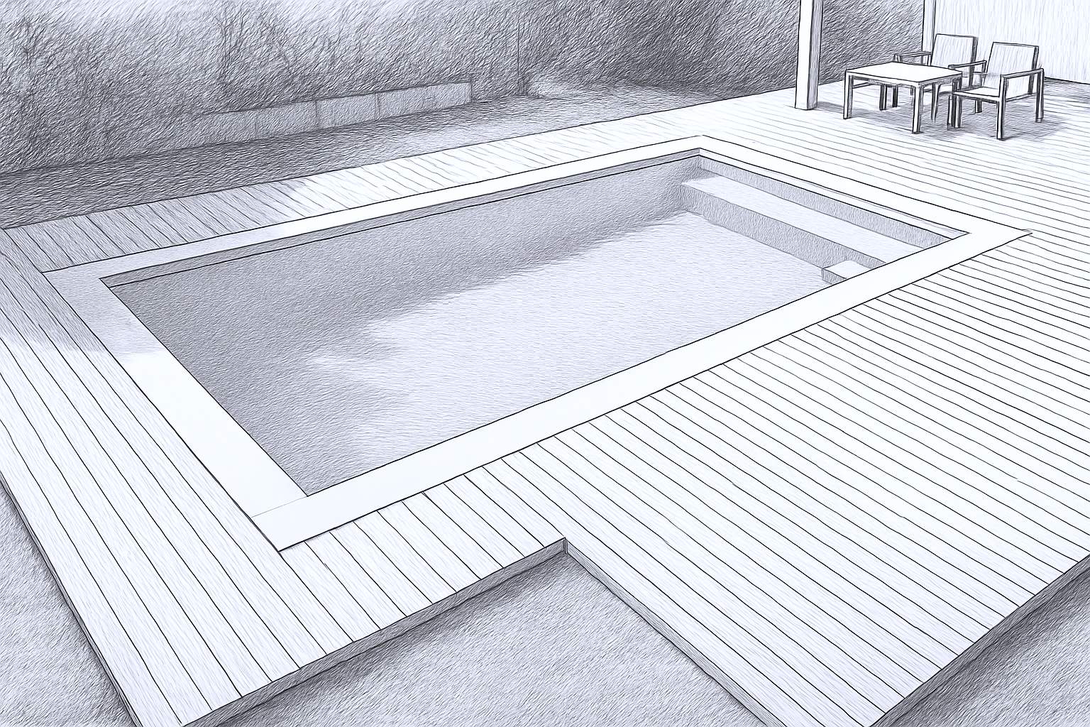 Terrasse bois sur mesure avec habillage de piscine Vue d’une terrasse en bois sur mesure avec habillage de piscine rectangulaire et espace détente, création artisanale de menuiserie extérieure