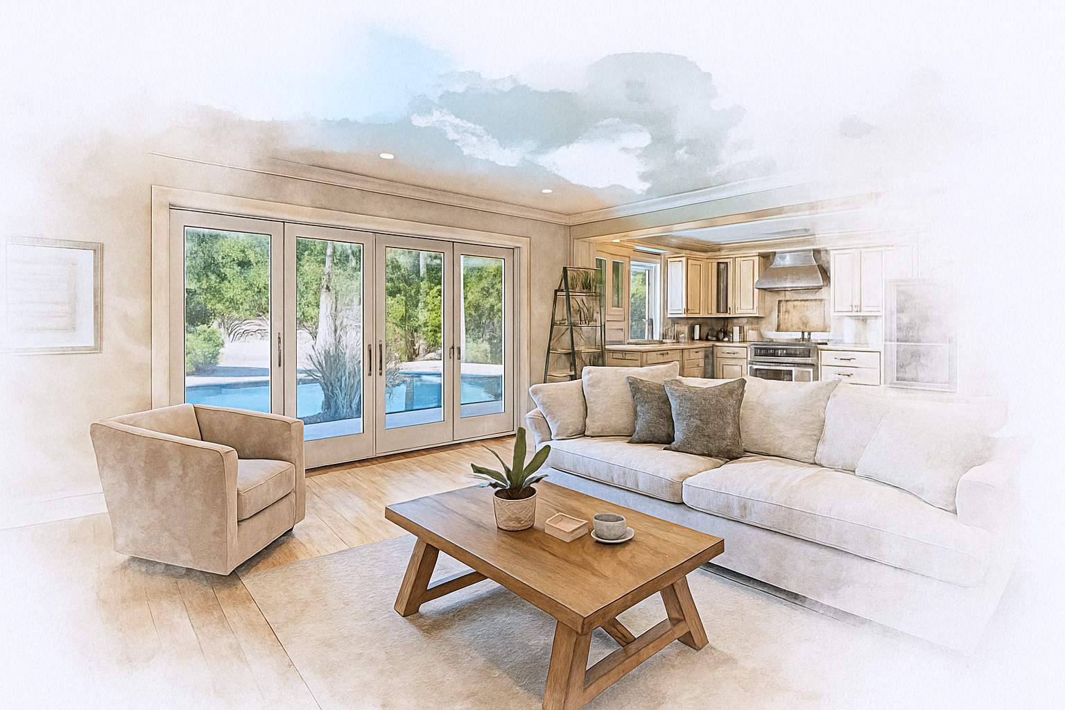 Aménagement intérieur chaleureux avec menuiserie bois sur mesure Illustration d’un salon lumineux avec menuiseries bois sur mesure, grande baie vitrée et mobilier en bois clair, vue sur piscine extérieure