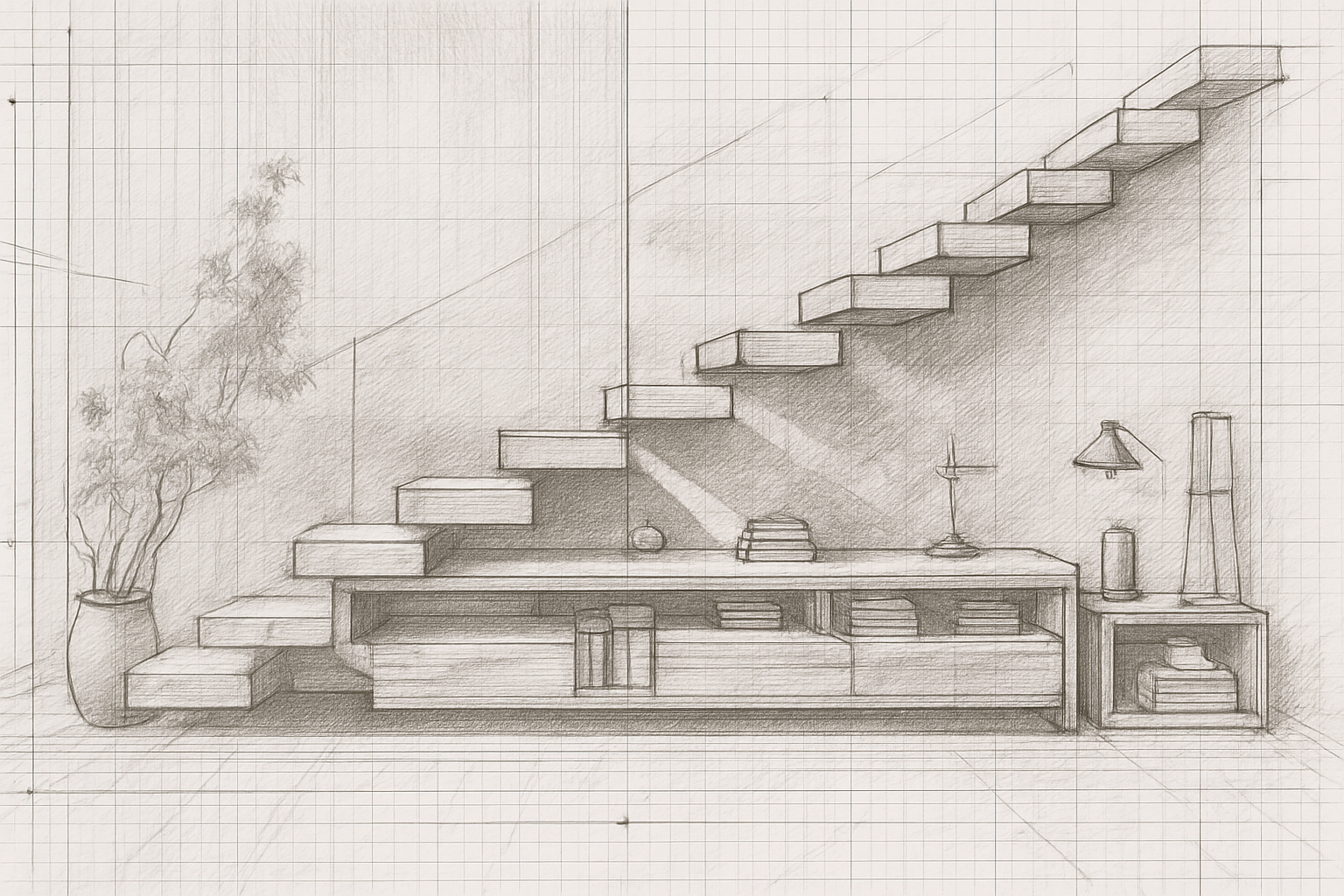 Croquis d’un escalier en bois suspendu avec rangements intégrés sur-mesure, menuiserie intérieure design et contemporaine