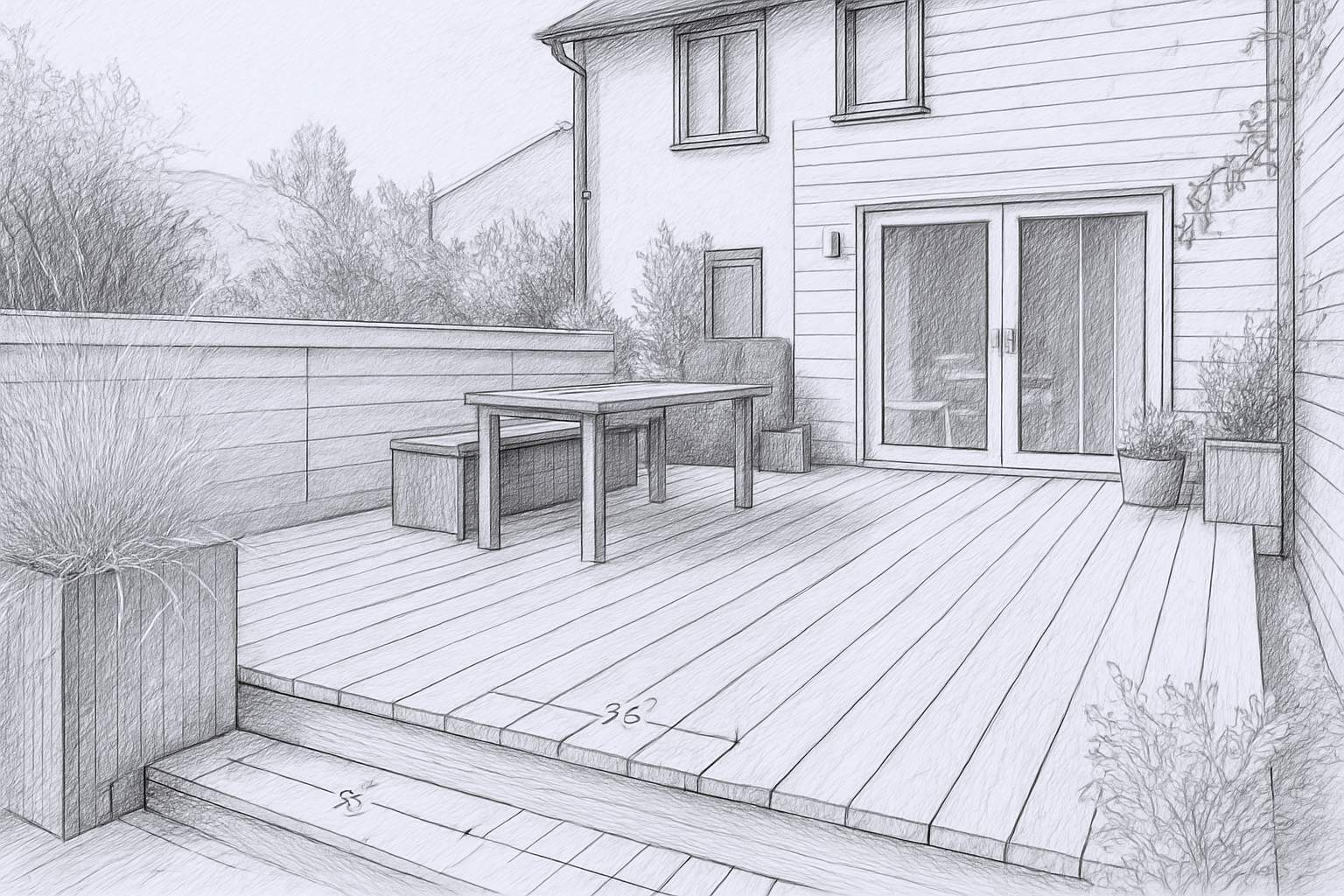 Terrasse en bois sur mesure avec mobilier extérieur Croquis d’une terrasse bois sur mesure attenante à une maison, avec table, banc et jardinières, création artisanale de menuiserie extérieure